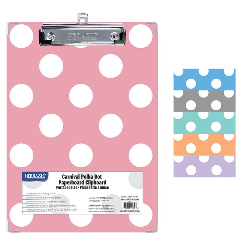Carnival Polka Dot Paperbd Clipbord with Low Profile Clip (Pack of 12) - Clipboards - Bazic Products