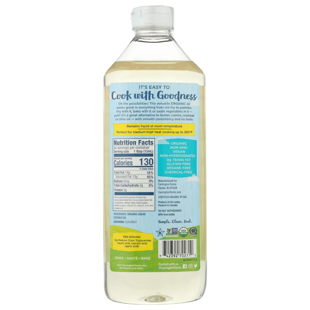 CARRINGTON FARMS: Unflavored Oil Organic Coconut 32 fo - Grocery > Cooking & Baking > Cooking Oils & Sprays - CARRINGTON FARMS