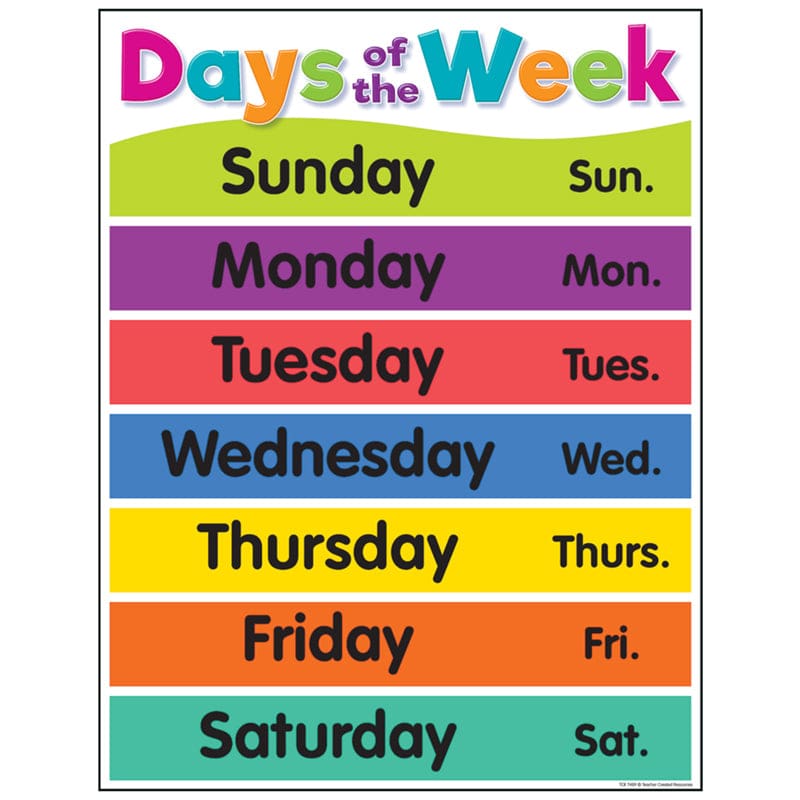 Colorful Days Of The Week Chart (Pack of 12) | ShelHealth
