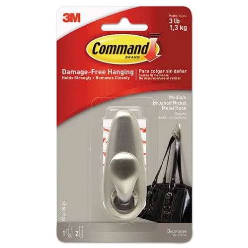 Command Adhesive Mount Metal Hook Large Brushed Nickel Finish 5 Lb Capacity 2 Hooks And 4 Strips/pack - Furniture - Command™