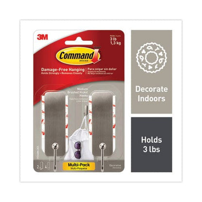 Command Decorative Hooks Medium Metal Brushed Nickel 3 Lb Capacity 2 Hooks And 4 Strips/pack - Furniture - Command™