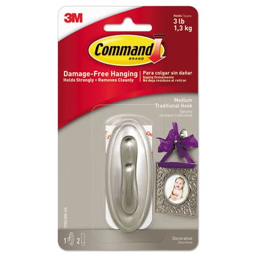 Command Decorative Hooks Traditional Medium Plastic Brushed Nickel 3 Lb Capacity 1 Hook And 2 Strips/pack - Furniture - Command™