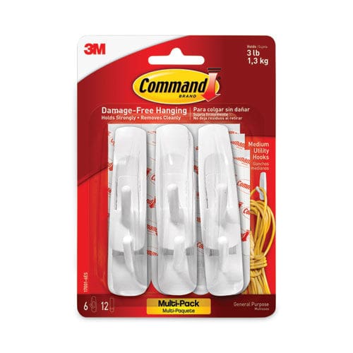 Command General Purpose Hooks Multi-pack Medium Plastic White 3 Lb Capacity 6 Hooks And 12 Strips/pack - Furniture - Command™