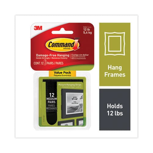 Command Picture Hanging Strips Value Pack Medium Removable Holds Up To 12 Lbs 0.75 X 2.75 Black 12 Pairs/pack - School Supplies - Command™