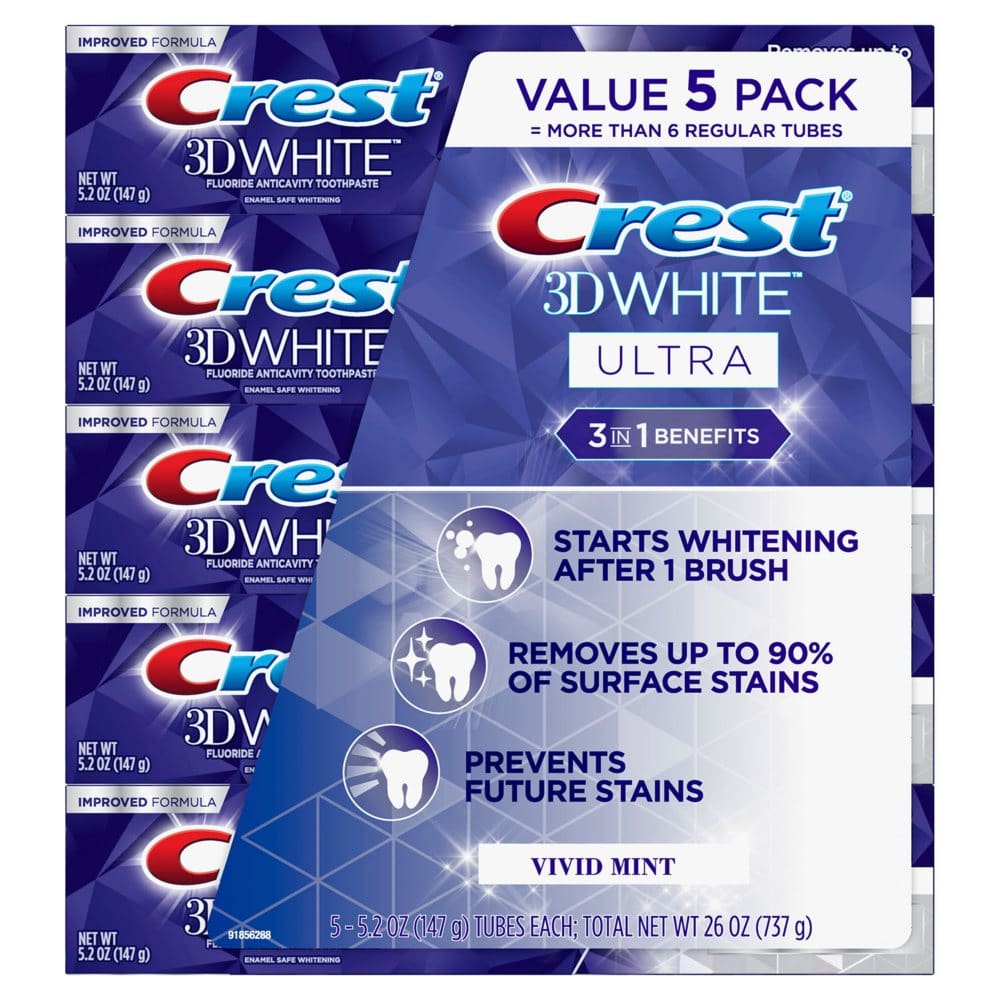 Crest 3D White Ultra Whitening Toothpaste Vivid Mint (5.2 oz. 5 pk.) - Oral Care - Crest 3D