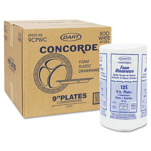 Dart Concorde Foam Plate 3-compartment 9 Dia White 125/pack 4 Packs/carton - Food Service - Dart®