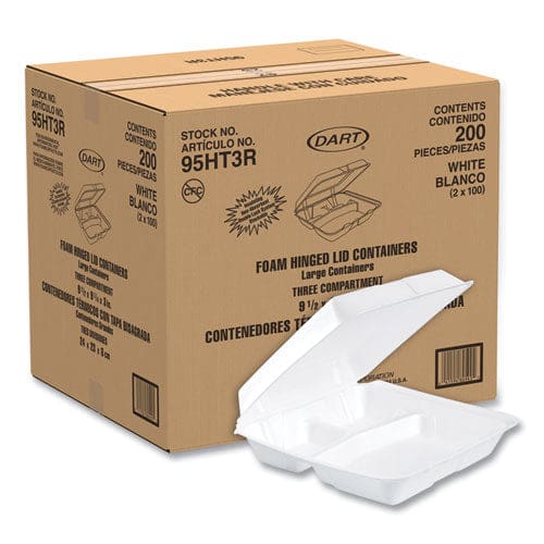 Dart Foam Hinged Lid Containers 3-compartment 9.25 X 9.5 X 3 White 200/carton - Food Service - Dart®