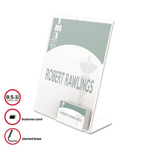 deflecto Superior Image Slanted Sign Holder With Business Card Holder 8.5w X 4.5d X 11h Clear - Office - deflecto®