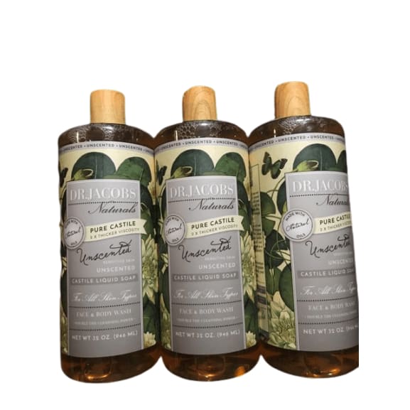 Dr. Jacobs Naturals Pure Castile Liquid Soap, Unscented, Natural Face and Body Wash, 32 oz.  (3 Pack) - ShelHealth.Com