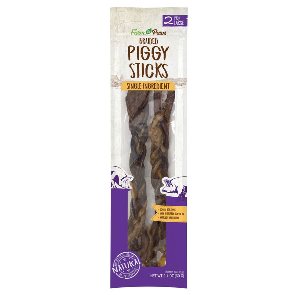 Farm To Paws Lg 2Pk Braided Piggy Sticks 2.1oz - Pet Supplies - Farm To Paws