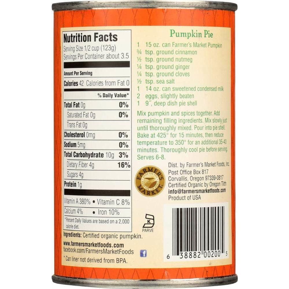 Farmers Market Farmers Market Foods Organic Canned Pumpkin, 15 oz