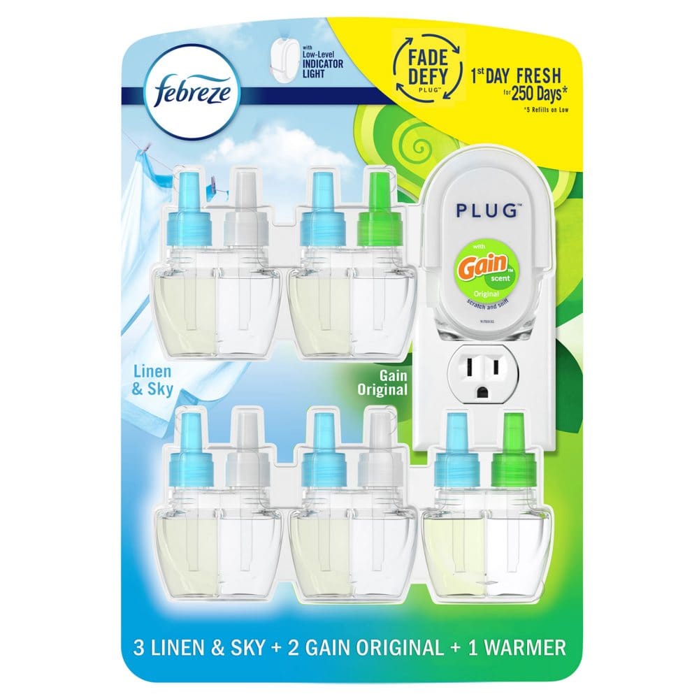 Febreze Fade Defy PLUG Air Freshener Linen & Sky + Gain Original (1 Warmer + 5 Refills) - Air Fresheners & Air Sanitizers - Febreze