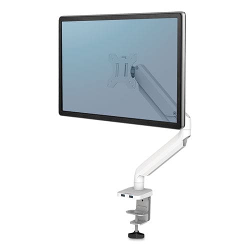 Fellowes Platinum Series Single Monitor Arm For 27 Monitors 360 Deg Rotation 45 Deg Tilt 180 Deg Pan White Supports 20 Lb - Furniture -