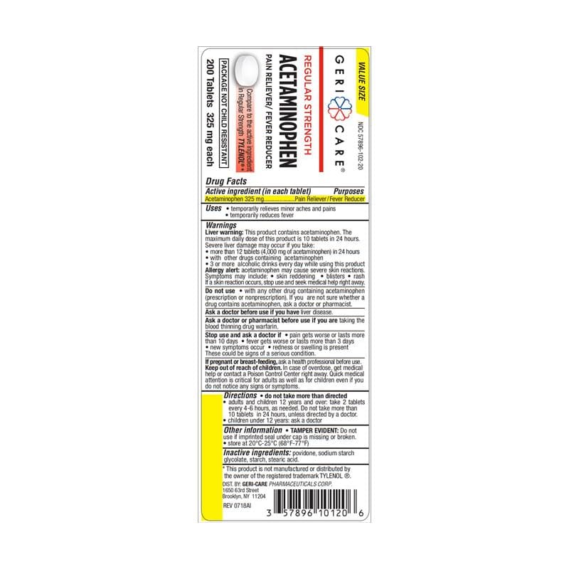 GeriCare Apap Tabs 325Mg Bt200 Tylenol Gen Box of 200 (Pack of 5) - Over the Counter >> Vitamins and Minerals - GeriCare