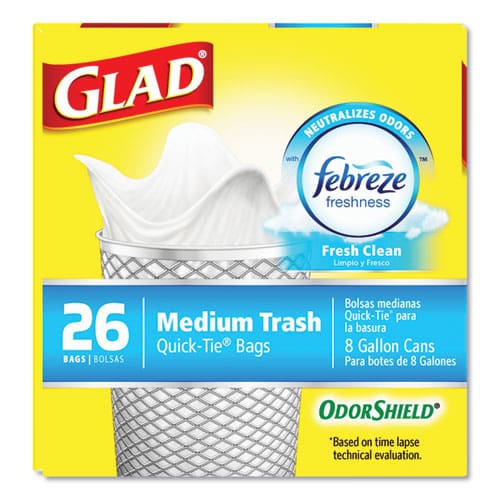 Glad Odorshield Medium Quick-tie Trash Bags 8 Gal 0.57 Mil 21.63 X 23 White 26 Bags/box 6 Boxes/carton - Janitorial & Sanitation - Glad®