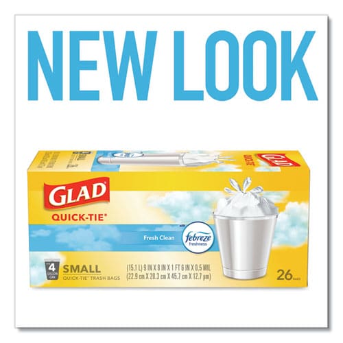 Glad Odorshield Quick-tie Small Trash Bags 4 Gal 0.5 Mil 8 X 18 White 26 Bags/box 6 Boxes/carton - Janitorial & Sanitation - Glad®