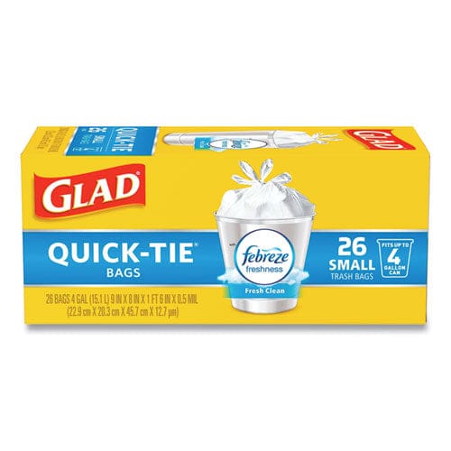 Glad Odorshield Quick-tie Small Trash Bags 4 Gal 0.5 Mil 8 X 18 White 26 Bags/box 6 Boxes/carton - Janitorial & Sanitation - Glad®