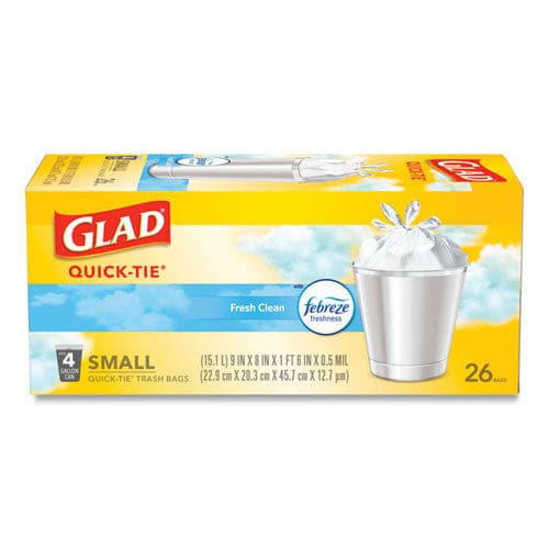 Glad Odorshield Quick-tie Small Trash Bags 4 Gal 0.5 Mil 8 X 18 White 26 Bags/box 6 Boxes/carton - Janitorial & Sanitation - Glad®