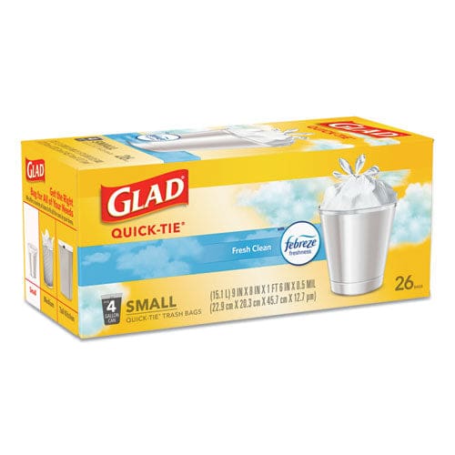 Glad Odorshield Quick-tie Small Trash Bags 4 Gal 0.5 Mil 8 X 18 White 26 Bags/box 6 Boxes/carton - Janitorial & Sanitation - Glad®