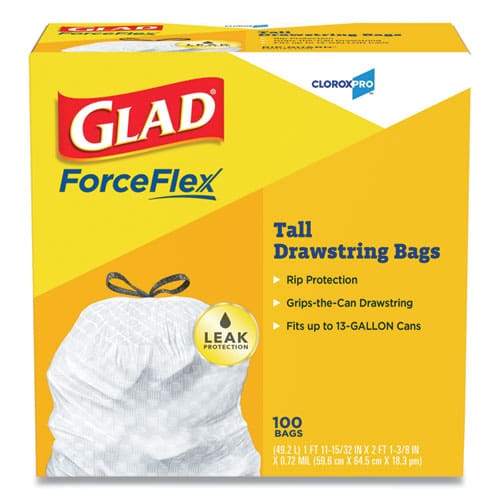 Glad Tall Kitchen Drawstring Trash Bags 13 Gal 0.72 Mil 23.75 X 24.88 White 240/carton - Janitorial & Sanitation - Glad®