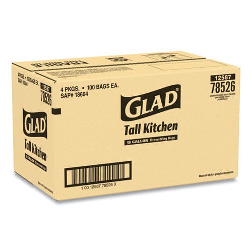 Glad Tall Kitchen Drawstring Trash Bags 13 Gal 0.72 Mil 24 X 27.38 Gray 100 Bags/box 4 Boxes/carton - Janitorial & Sanitation - Glad®