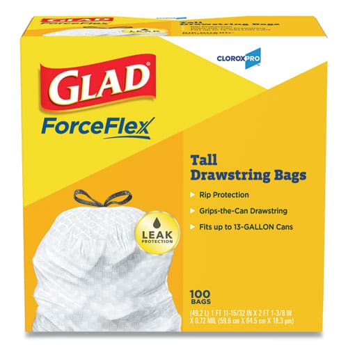 Glad Tall Kitchen Drawstring Trash Bags 13 Gal 0.72 Mil 24 X 27.38 Gray 100 Bags/box 4 Boxes/carton - Janitorial & Sanitation - Glad®