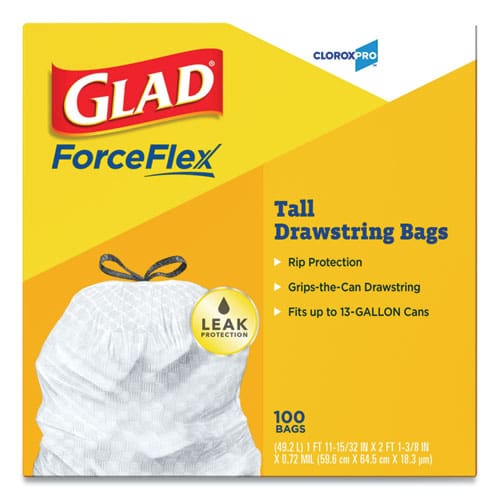 Glad Tall Kitchen Drawstring Trash Bags 13 Gal 0.72 Mil 24 X 27.38 Gray 100/box - Janitorial & Sanitation - Glad®