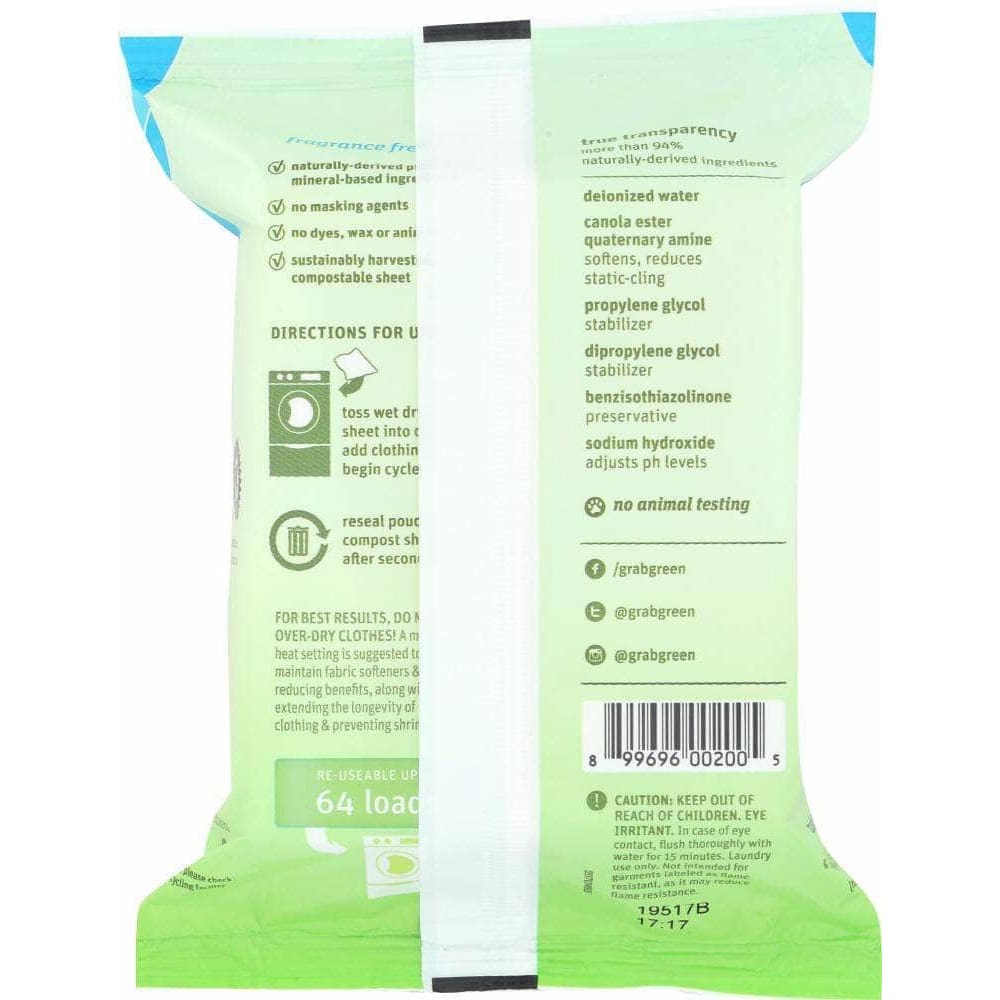 Grabgreen Grabgreen Wet Dryer Sheets Fragrance Free, 8.64 oz