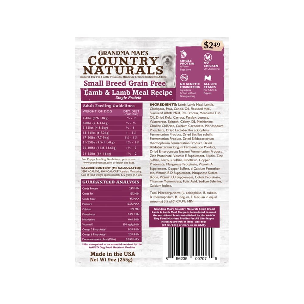 Grandma Maes Country Naturals Grain Free LID Small Breed Lamb Dog Food 9 oz - Pet Supplies - Grandma Maes