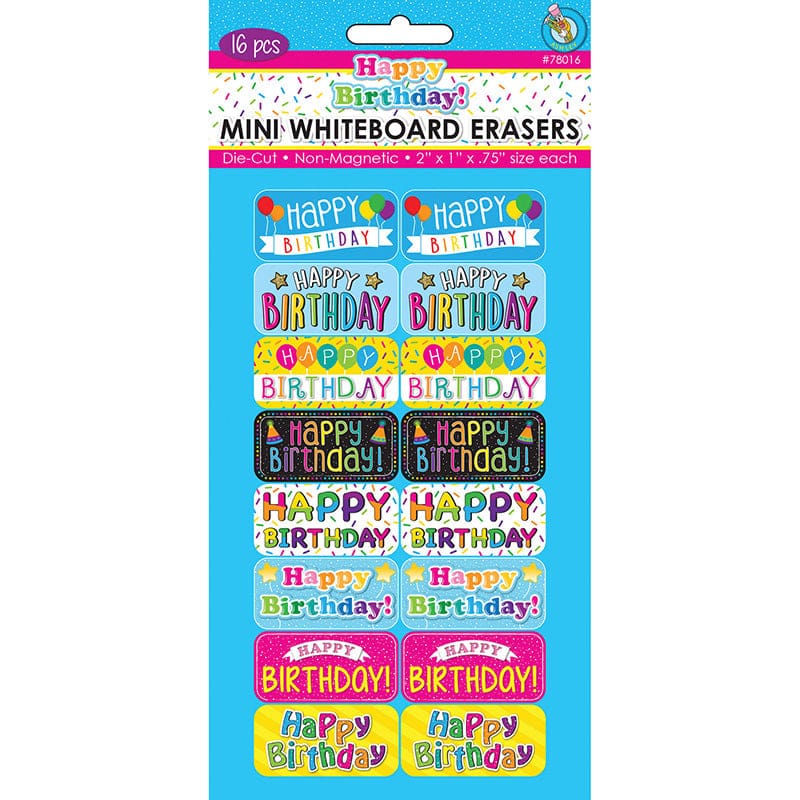 H Birthday Mini Wboard Eraser 16/Pk (Pack of 2) - Erasers - Ashley Productions