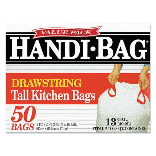 Handi-Bag Drawstring Kitchen Bags 13 Gal 0.6 Mil 24 X 27.4 White 50 Bags/box 6 Boxes/carton - Janitorial & Sanitation - Handi-Bag®