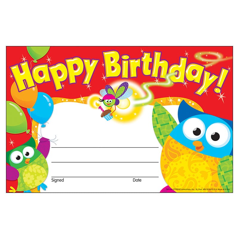 Happy Birthday Owl Stars Recognition Awards (Pack of 8) - Awards - Trend Enterprises Inc.