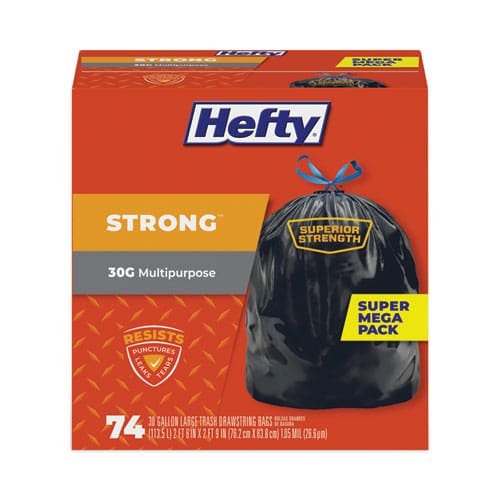 Hefty Strong Multipurpose Drawstring Trash Bags 30 Gal 1.1 Mil 30 X 33 Black 74/box 3 Boxes/carton - Janitorial & Sanitation - Hefty®