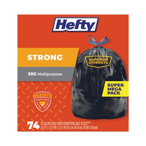 Hefty Strong Multipurpose Drawstring Trash Bags 30 Gal 1.1 Mil 30 X 33 Black 74/box 3 Boxes/carton - Janitorial & Sanitation - Hefty®