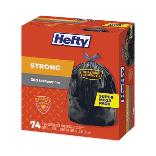 Hefty Strong Multipurpose Drawstring Trash Bags 30 Gal 1.1 Mil 30 X 33 Black 74/box 3 Boxes/carton - Janitorial & Sanitation - Hefty®