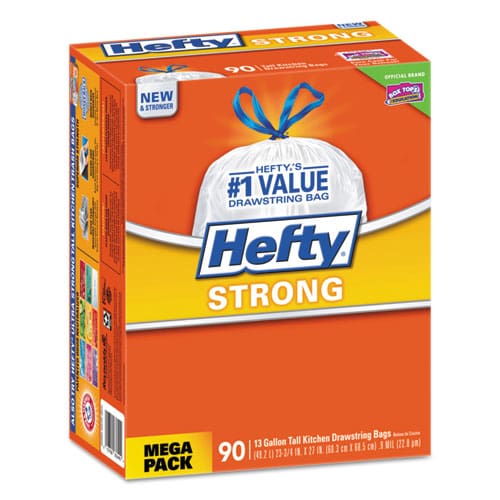 Hefty Strong Tall Kitchen Drawstring Bags 13 Gal 0.9 Mil 23.75 X 27 White 90 Bags/box 3 Boxes/carton - Janitorial & Sanitation - Hefty®