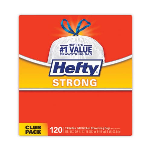 Hefty Strong Tall Kitchen Drawstring Bags 13 Gal 0.9 Mil 24 X 27.75 White 120/box - Janitorial & Sanitation - Hefty®