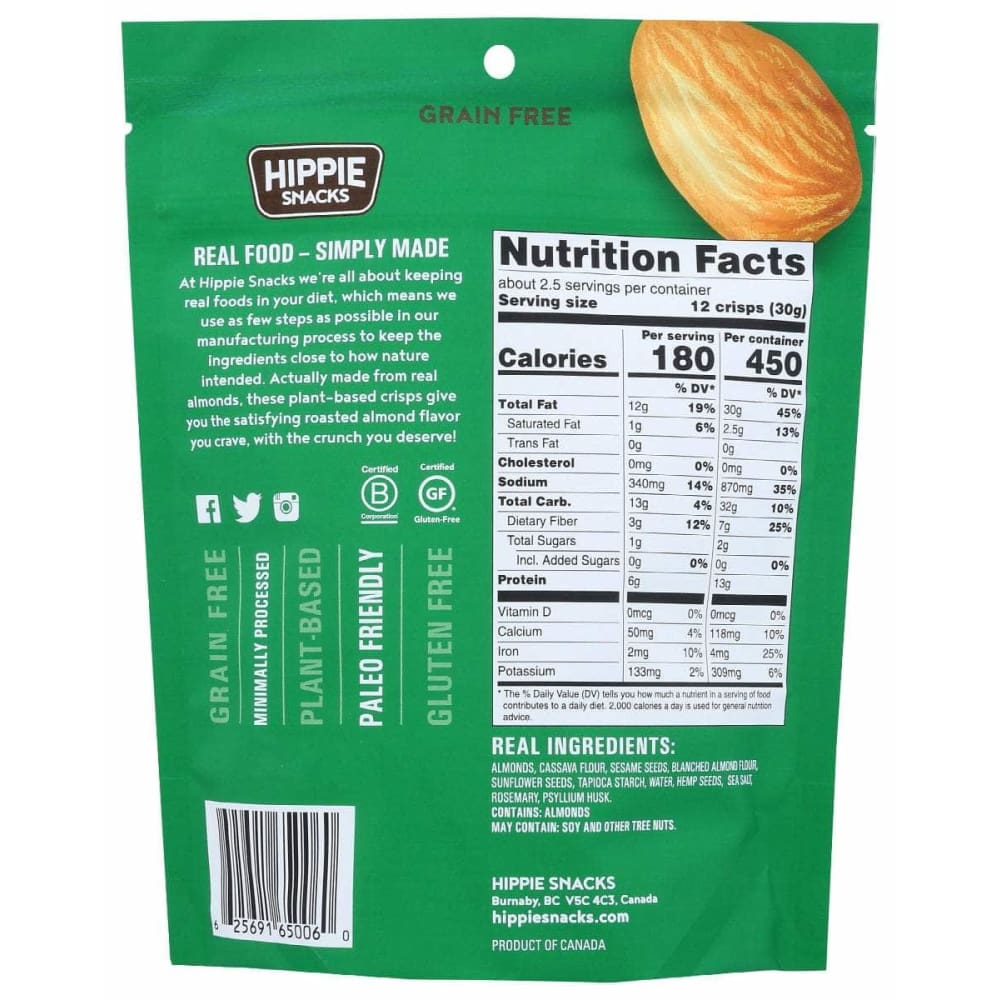 HIPPIE SNACKS Grocery > Snacks HIPPIE SNACKS: Almond Crisps Rosemary, 2.5 oz