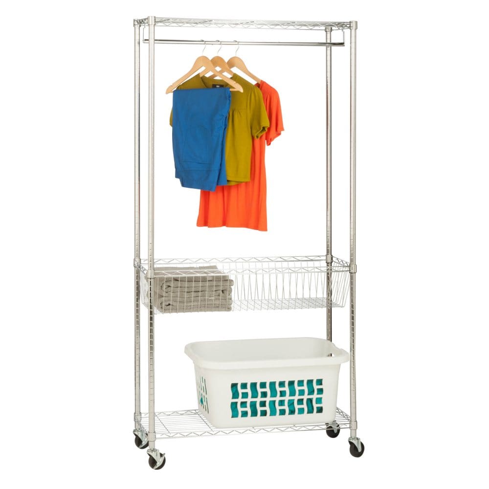 Honey-Can-Do Chrome Rolling Laundry Clothes Rack with Shelves - Laundry Organization - Honey-Can-Do