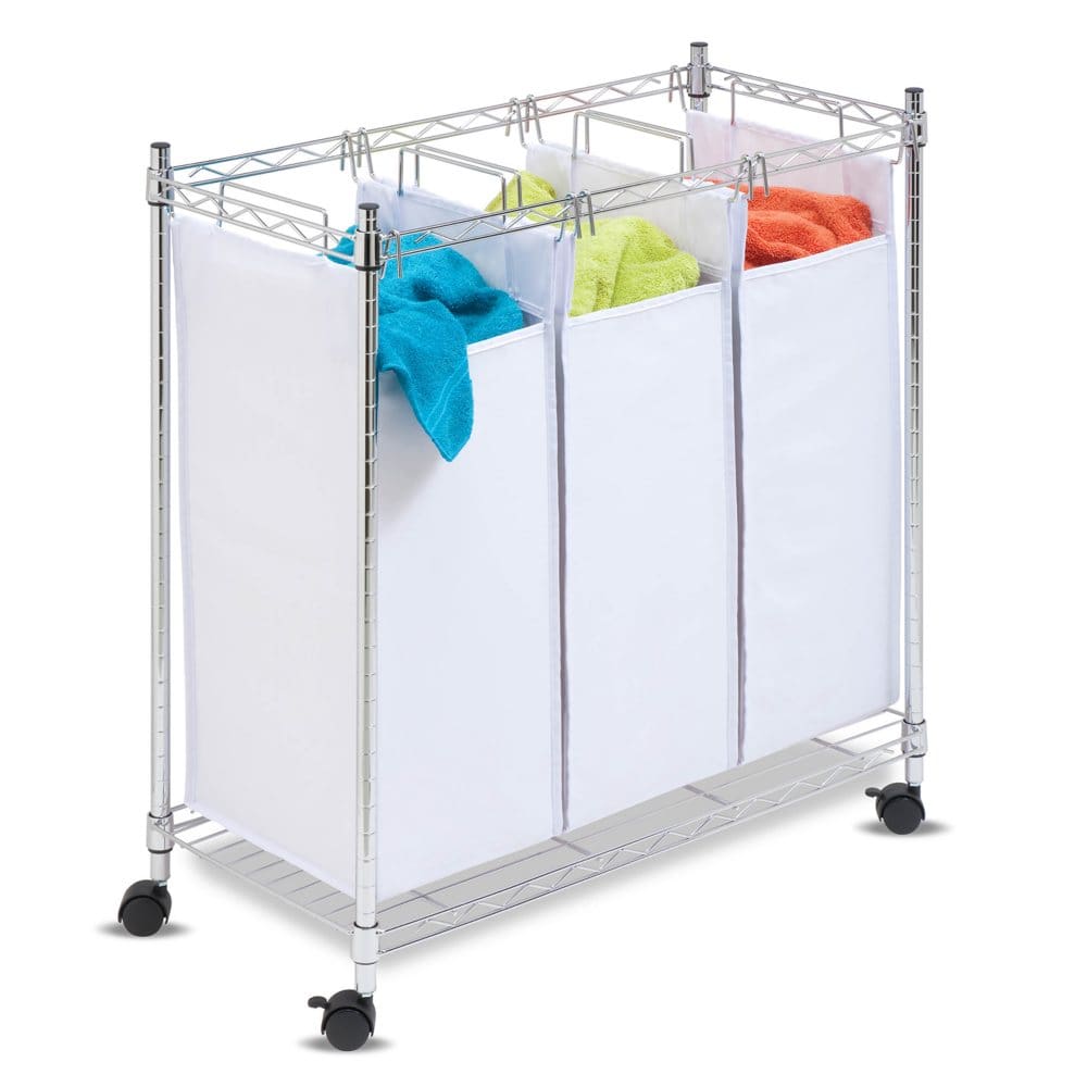 Honey-Can-Do White/Chrome Rolling Triple Sorter Hamper - Laundry Organization - Honey-Can-Do