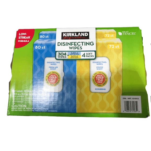 Kirkland Signature Disinfecting Wipes Kills 88% of Bacteria/Viruses Variety Pack: Fresh Air Scent/Lemon Scent - 304-Count - ShelHealth.Com