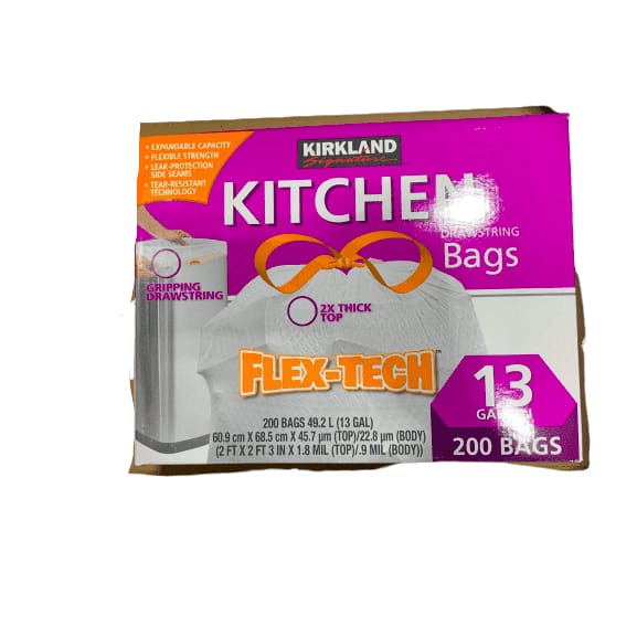 Kirkland Signature Drawstring Kitchen Trash Bags Flex-Tech - 13 Gallon - 200 Bags - ShelHealth.Com