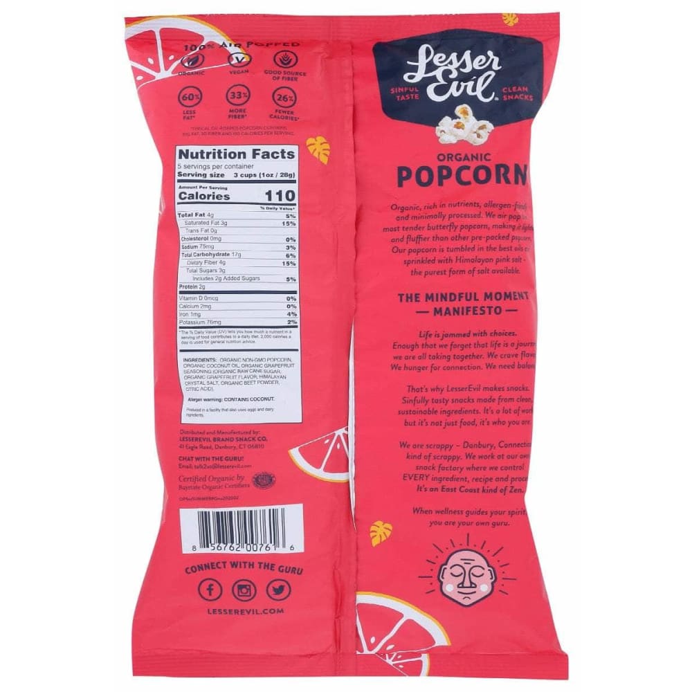 LESSER EVIL Lesser Evil Popcorn Rte Pink Grapefru, 5 Oz