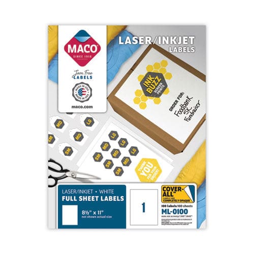 MACO Cover-all Opaque Laser/inkjet Shipping Labels Full-sheet Format Inkjet/laser Printers 8.5 X 11 White 100/box - Office - MACO®