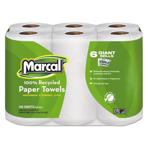 Marcal 100% Premium Recycled Kitchen Roll Towels Roll Out Box 2-ply 11 X 5.5 White 140 Sheets 12 Rolls/carton - School Supplies - Marcal®