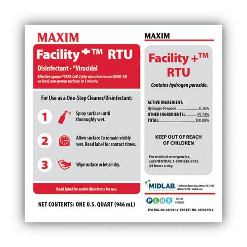 Maxim Facility+ Rtu Disinfectant Safe-to-ship Unscented 32 Oz 6/carton - School Supplies - Maxim®