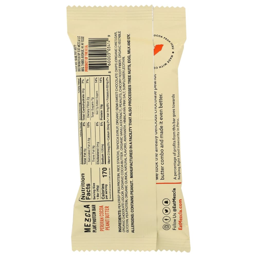 MEZCLA: Peruvian Cocoa Peanut Butter Bar 1.4 oz - Grocery > Nutritional Bars Drinks and Shakes - MEZCLA