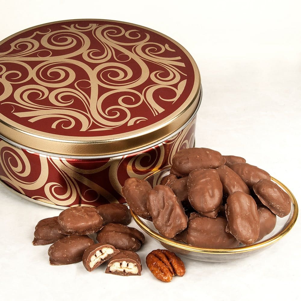 Milk Chocolate Glazed Pecans Gift Tin (26 oz.) - Gourmet Chocolates - Milk Chocolate