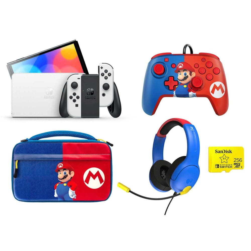 Nintendo Switch OLED Mario Bundle + Headset + Wired Controller + Case + 256GB SanDisk - Kids Toys By Age - Nintendo