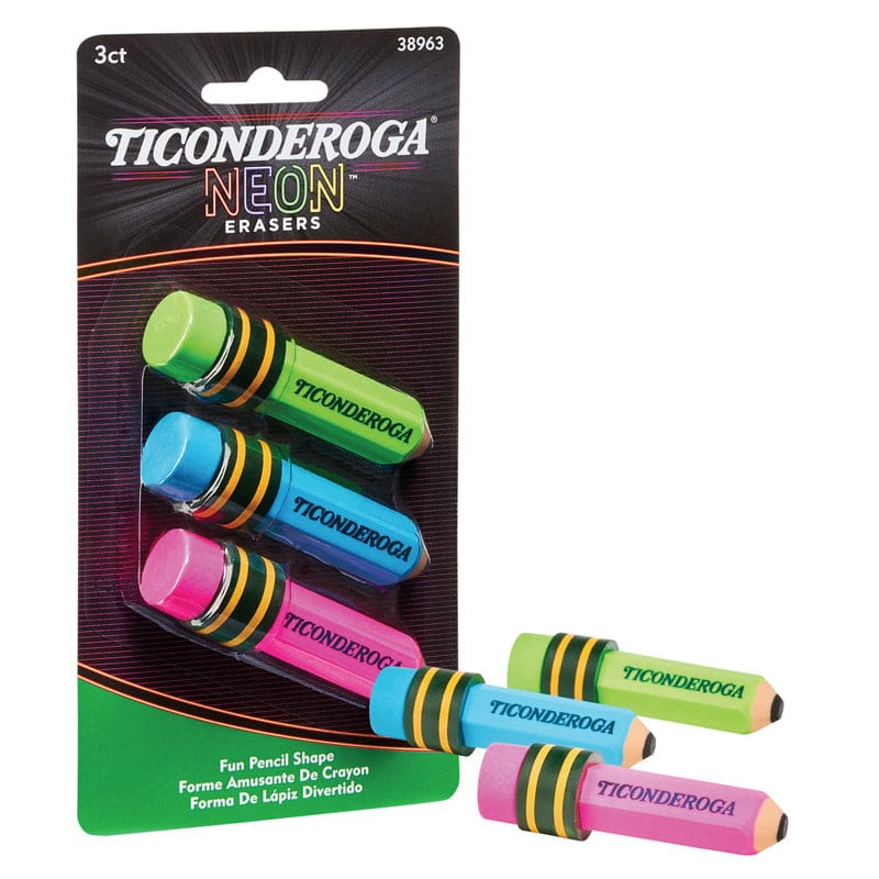 Pencil Shaped Neon Erasers 3Pk (Pack of 12) - Erasers - Dixon Ticonderoga Company